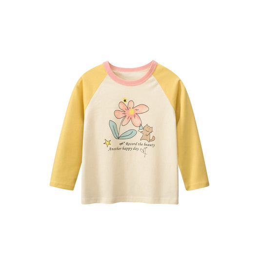 MyKids-USA® Kids Girls Flowers Cartoon Print Crew Neck Long Sleeves Color Patchwork Shirt