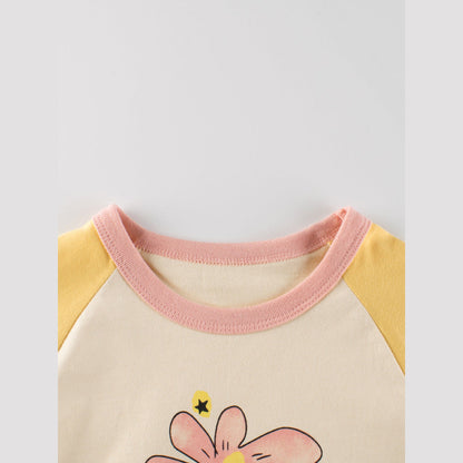 MyKids-USA® Kids Girls Flowers Cartoon Print Crew Neck Long Sleeves Color Patchwork Shirt