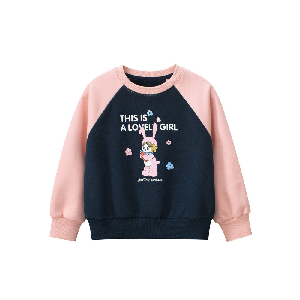 MyKids-USA® Girls Cartoon Print Crew Neck Long Sleeves Color Patchwork Sweatshirt