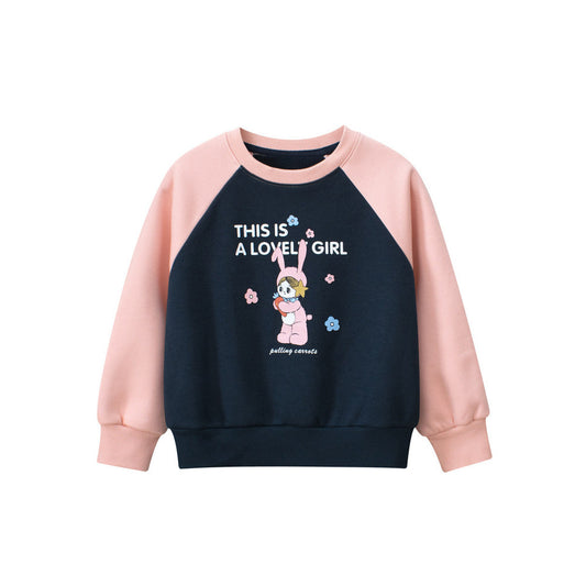 MyKids-USA® Girls Cartoon Print Crew Neck Long Sleeves Color Patchwork Sweatshirt