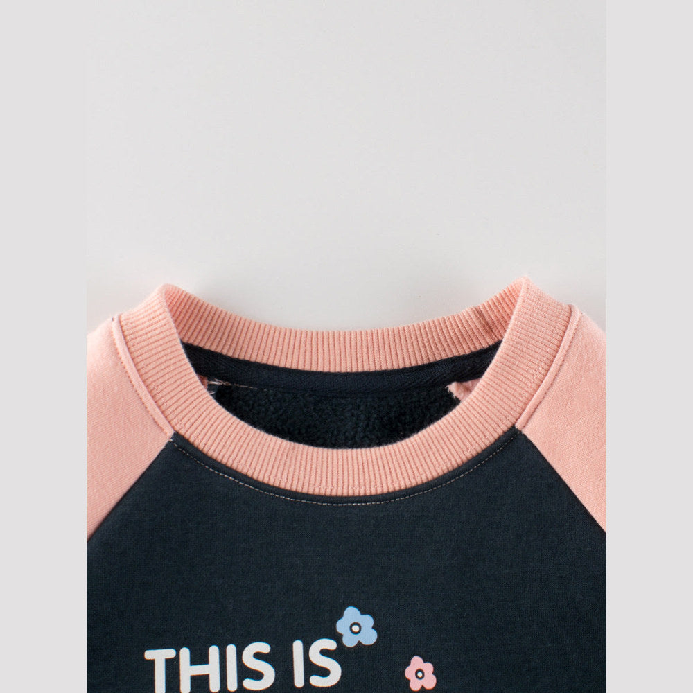 MyKids-USA® Girls Cartoon Print Crew Neck Long Sleeves Color Patchwork Sweatshirt