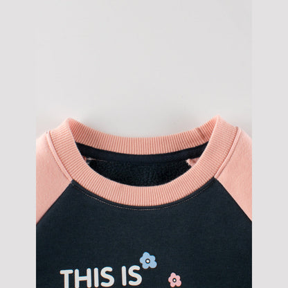 MyKids-USA® Girls Cartoon Print Crew Neck Long Sleeves Color Patchwork Sweatshirt