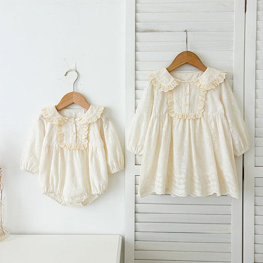 MyKids-USA® Baby Kids Girls Solid Color Flowers Pattern Embroidery Long Sleeves bodysuit and Dress – Princess Sister Matching Set