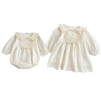 MyKids-USA® Baby Kids Girls Solid Color Flowers Pattern Embroidery Long Sleeves bodysuit or Dress – Princess Sister Matching