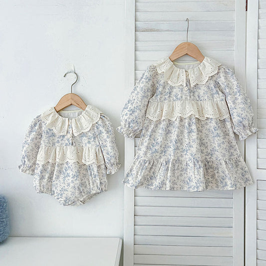 MyKids-USA® Baby Girls French-style Floral Long-sleeved bodysuit and Dress – Princess Sister Matching Set