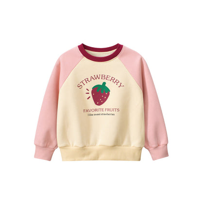 MyKids-USA® Girls Strawberry Cartoon Print Crew Neck Long Sleeves Color Patchwork Sweatshirt