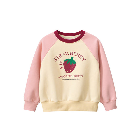 MyKids-USA® Girls Strawberry Cartoon Print Crew Neck Long Sleeves Color Patchwork Sweatshirt