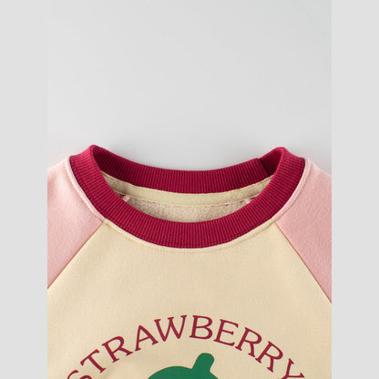 MyKids-USA® Girls Strawberry Cartoon Print Crew Neck Long Sleeves Color Patchwork Sweatshirt