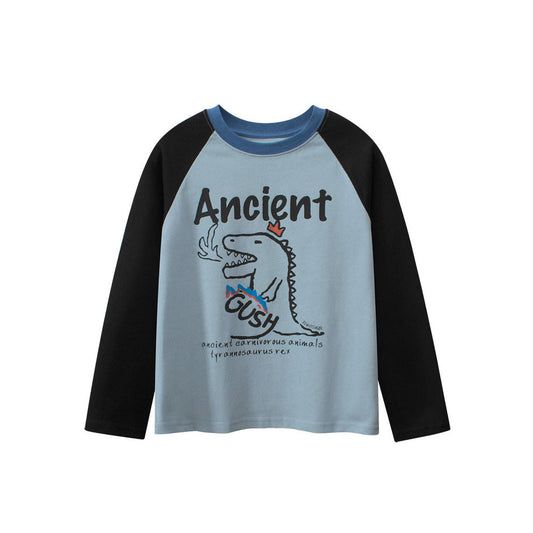 MyKids-USA® Kids Dinosaur Cartoon Print Crew Neck Long Sleeves Color Patchwork Sweatshirt