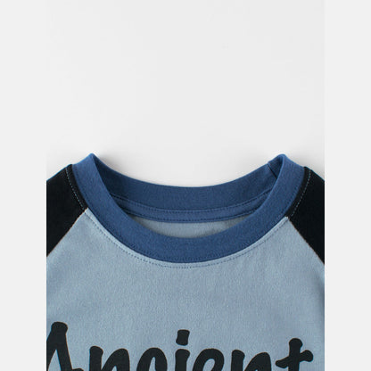 MyKids-USA® Kids Dinosaur Cartoon Print Crew Neck Long Sleeves Color Patchwork Sweatshirt