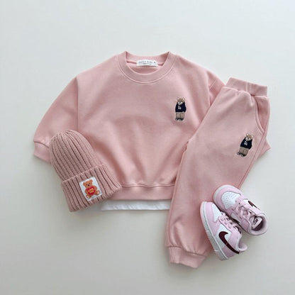 MyKids-USA® Spring and Autumn Kids Unisex Casual Teddy Logo Long Sleeves Top Pullover and Pants Clothing Set