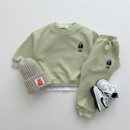 MyKids-USA® Spring and Autumn Kids Unisex Casual Teddy Logo Long Sleeves Top Pullover and Pants Clothing Set