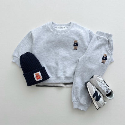 MyKids-USA® Spring and Autumn Kids Unisex Casual Teddy Logo Long Sleeves Top Pullover and Pants Clothing Set