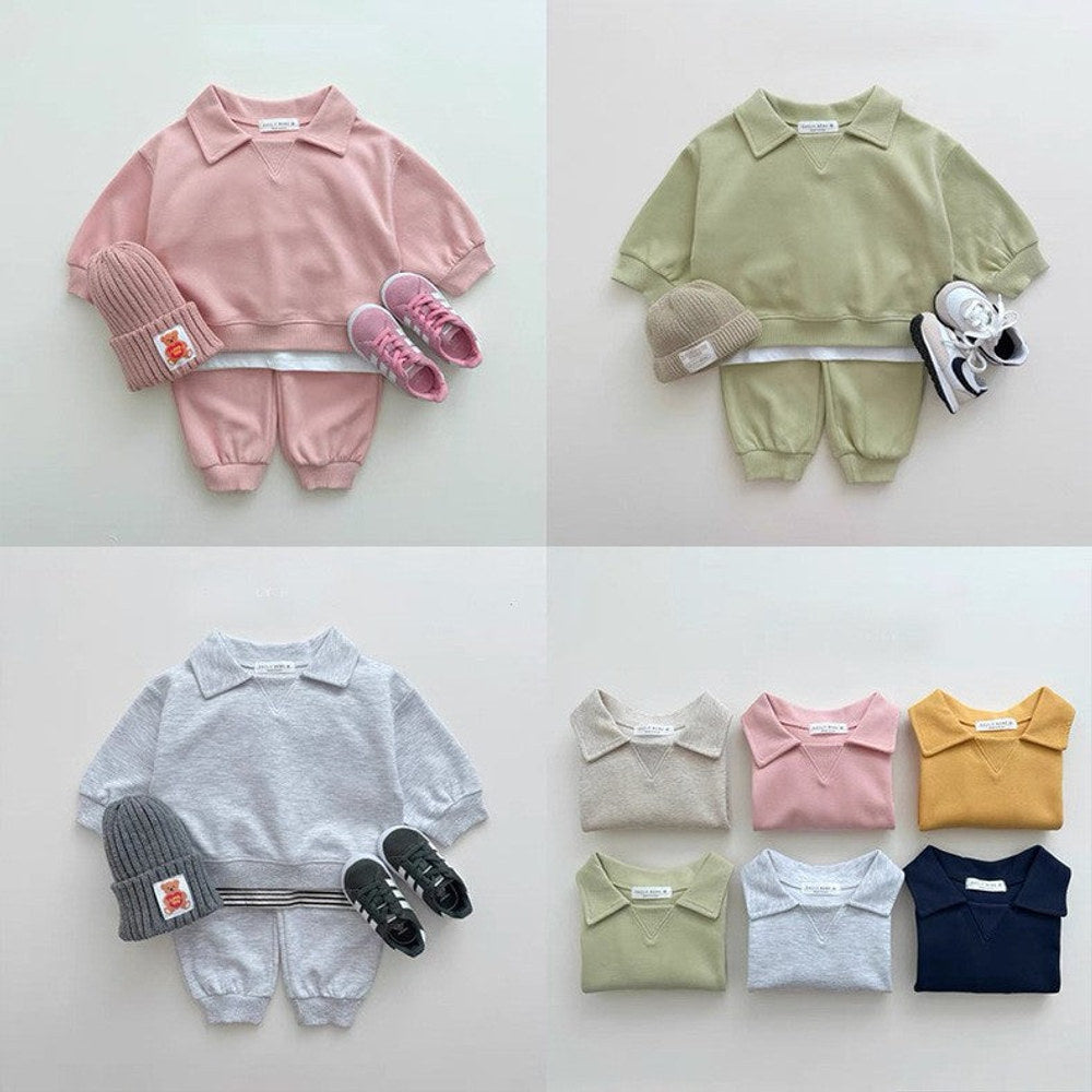 MyKids-USA® Kids Unisex Casual Solid Color Long Sleeves Turn-down Collar Top and Pants Clothing Set