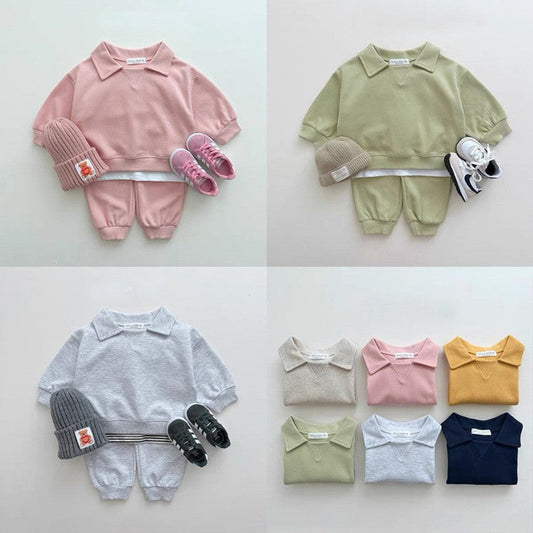 MyKids-USA® Kids Unisex Casual Solid Color Long Sleeves Turn-down Collar Top and Pants Clothing Set