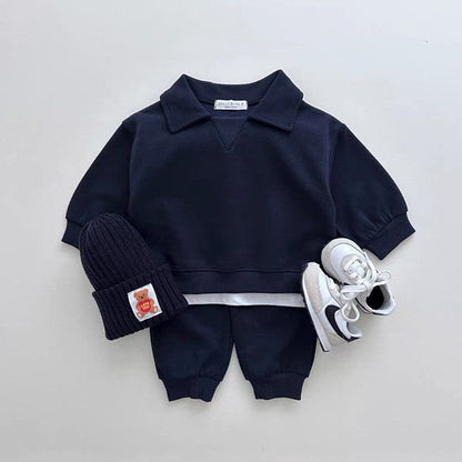 MyKids-USA® Kids Unisex Casual Solid Color Long Sleeves Turn-down Collar Top and Pants Clothing Set