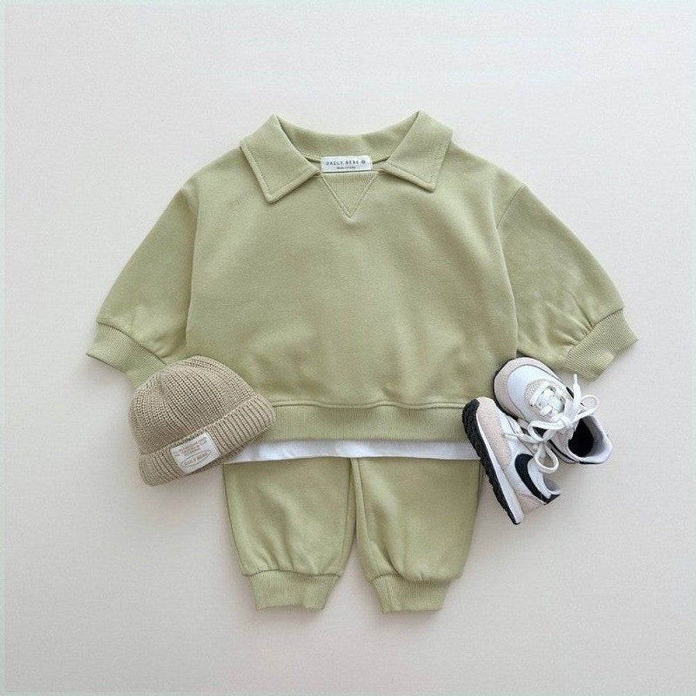 MyKids-USA® Kids Unisex Casual Solid Color Long Sleeves Turn-down Collar Top and Pants Clothing Set