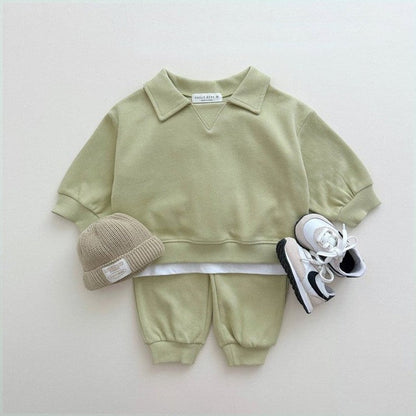 MyKids-USA® Kids Unisex Casual Solid Color Long Sleeves Turn-down Collar Top and Pants Clothing Set