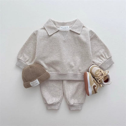 MyKids-USA® Kids Unisex Casual Solid Color Long Sleeves Turn-down Collar Top and Pants Clothing Set