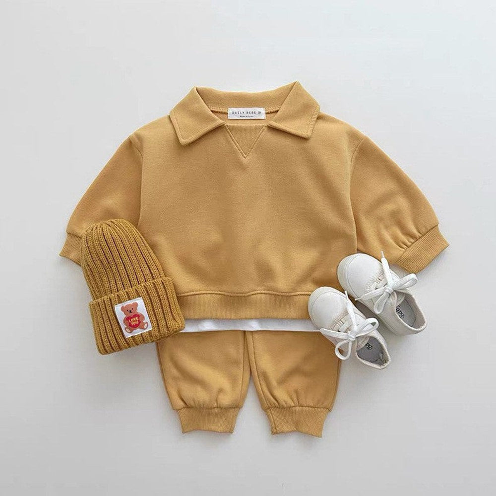MyKids-USA® Kids Unisex Casual Solid Color Long Sleeves Turn-down Collar Top and Pants Clothing Set