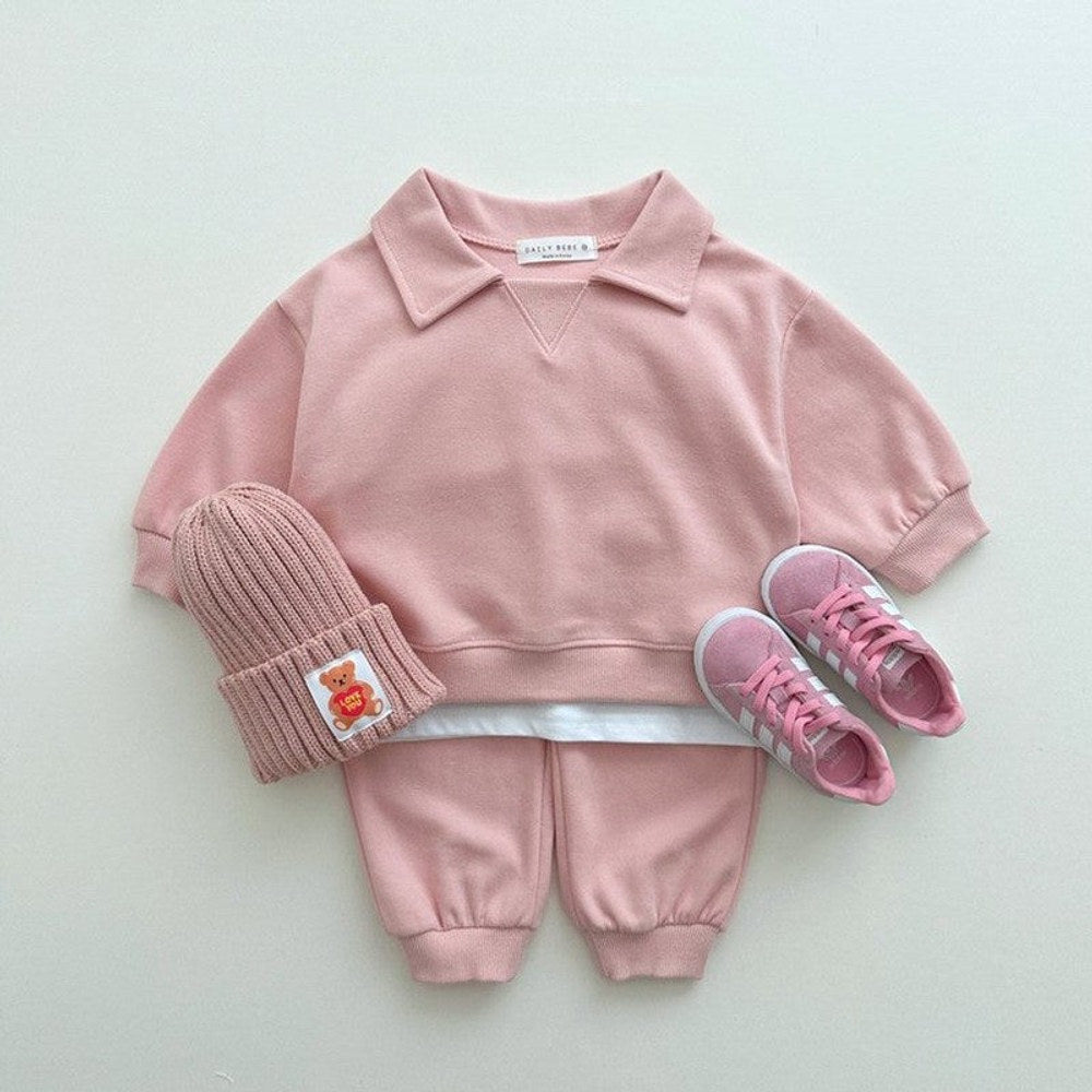 MyKids-USA® Kids Unisex Casual Solid Color Long Sleeves Turn-down Collar Top and Pants Clothing Set