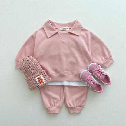 MyKids-USA® Kids Unisex Casual Solid Color Long Sleeves Turn-down Collar Top and Pants Clothing Set