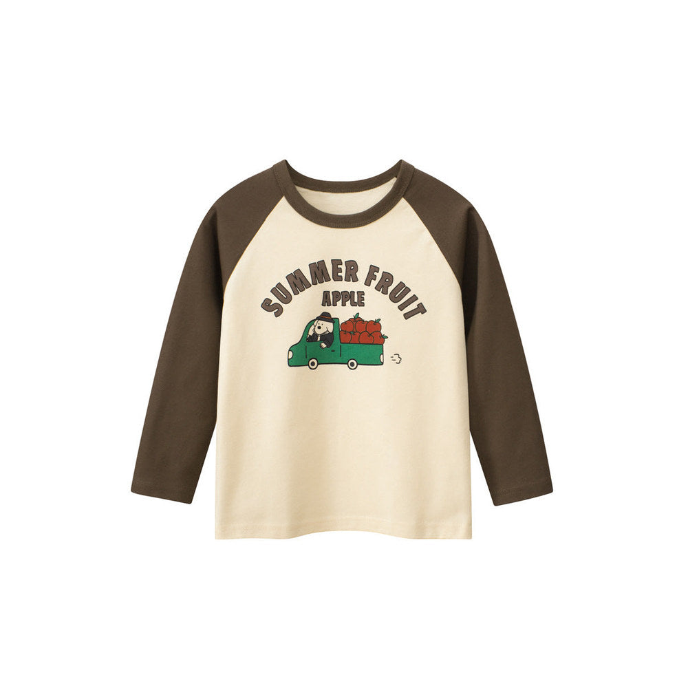 MyKids-USA® Kids Girls Cartoon Print Crew Neck Long Sleeves Color Patchwork Top