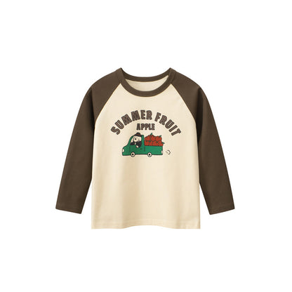 MyKids-USA® Kids Girls Cartoon Print Crew Neck Long Sleeves Color Patchwork Top