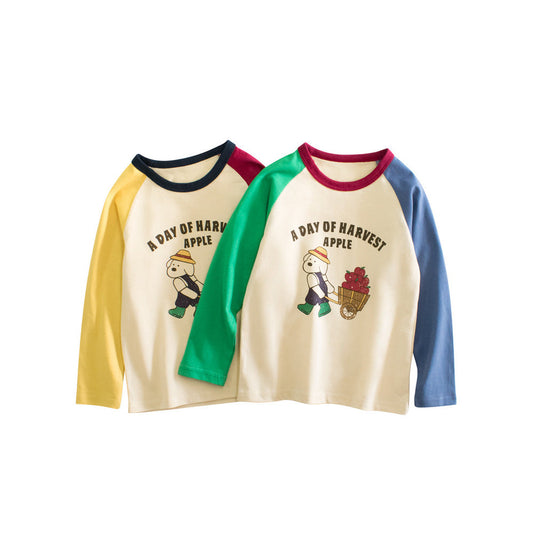 MyKids-USA® Kids Girls Cartoon Print Crew Neck Long Sleeves Color Patchwork Top