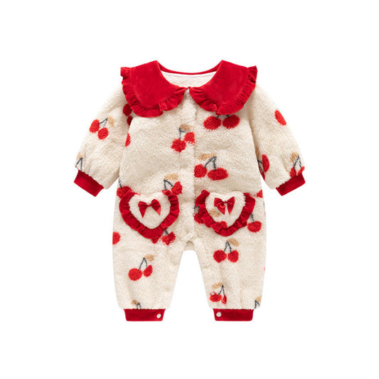 MyKids-USA® Autumn and Winter Arrival Baby Girls Cherry Pattern Polar Fleece Rompers