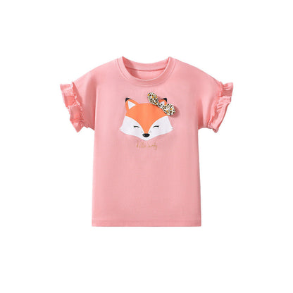MyKids-USA® Girls’ Cute Fox Cartoon Pattern Short Sleeves T-shirt in European and American Style