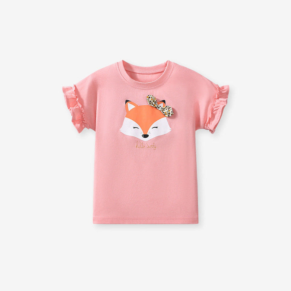 MyKids-USA® Girls’ Cute Fox Cartoon Pattern Short Sleeves T-shirt in European and American Style