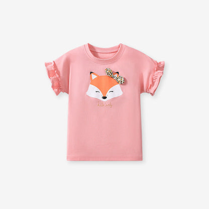 MyKids-USA® Girls’ Cute Fox Cartoon Pattern Short Sleeves T-shirt in European and American Style