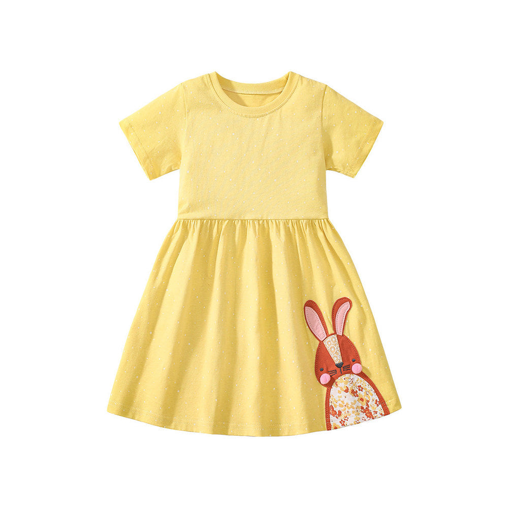 MyKids-USA® Girls’ Rabbits Pattern Crew Neck Short Sleeves Yellow Dress
