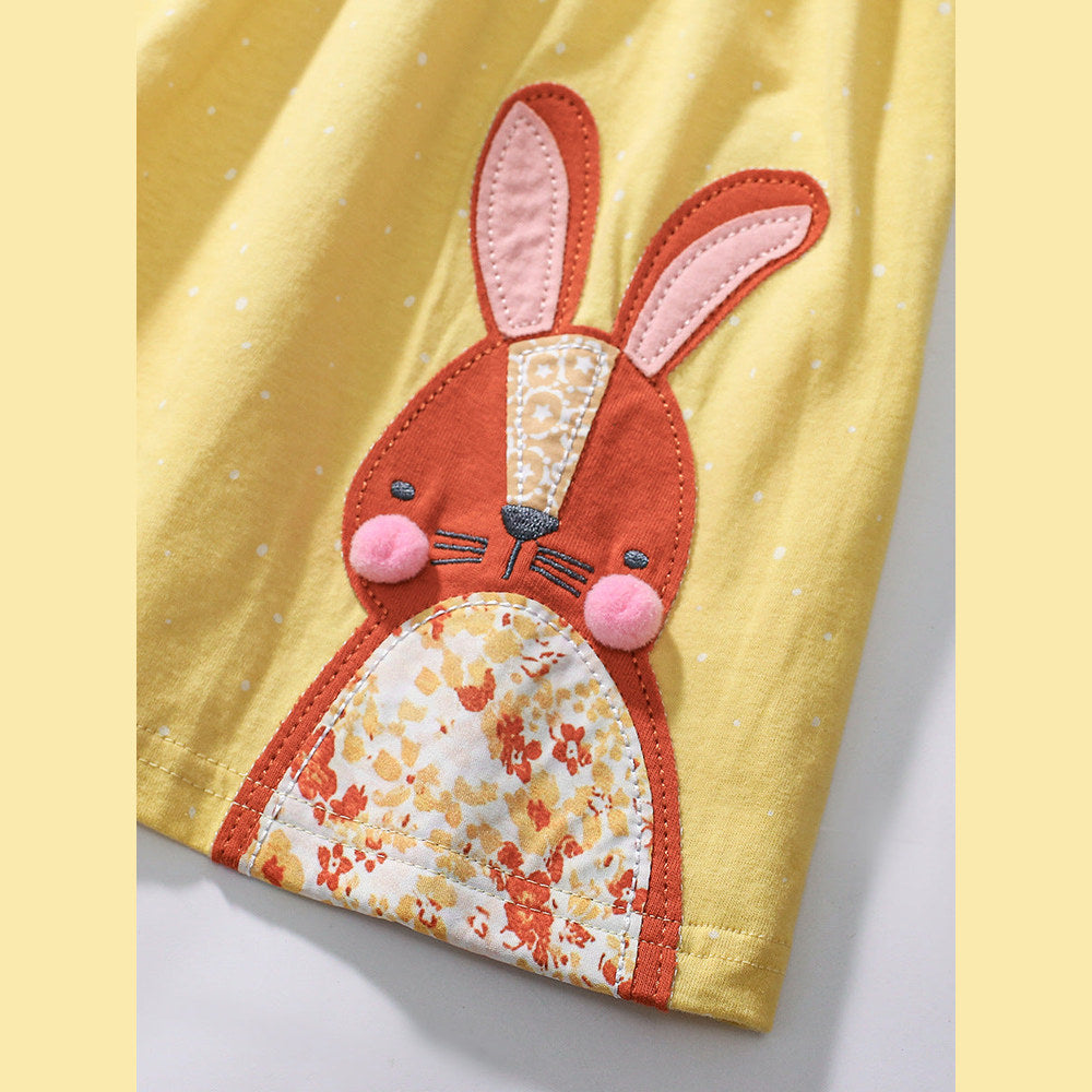 MyKids-USA® Girls’ Rabbits Pattern Crew Neck Short Sleeves Yellow Dress