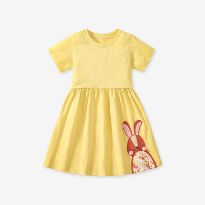 MyKids-USA® Girls’ Rabbits Pattern Crew Neck Short Sleeves Yellow Dress