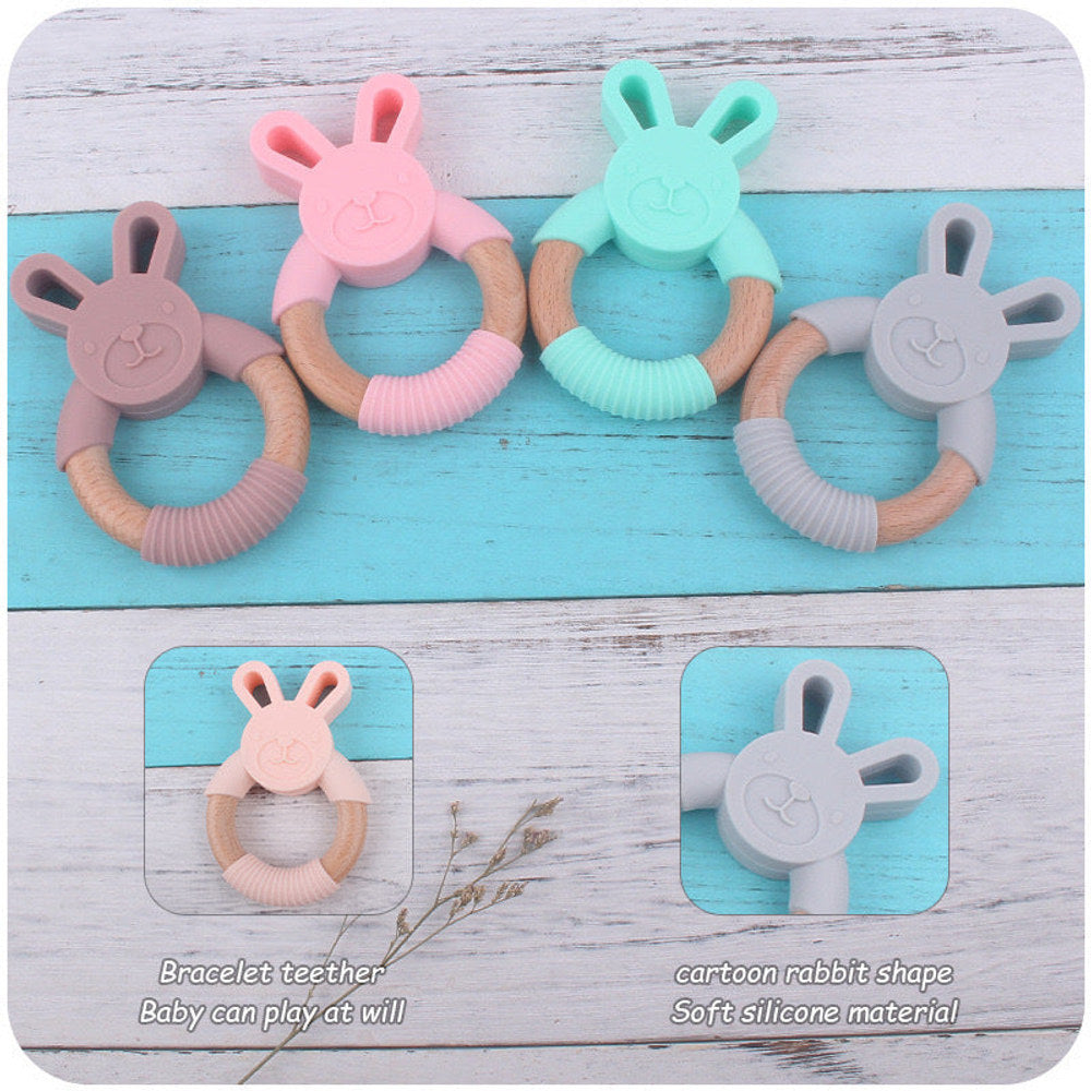 MyKids-USA® Baby Food-Grade Teething Rattle, Teething Aid for Babies, Wooden and Silicone Rabbit Teething Bracelet
