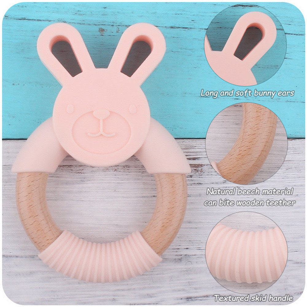 MyKids-USA® Baby Food-Grade Teething Rattle, Teething Aid for Babies, Wooden and Silicone Rabbit Teething Bracelet