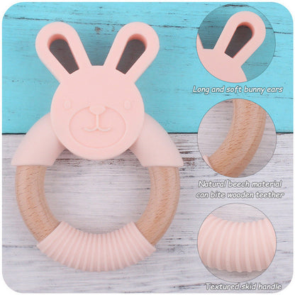 MyKids-USA® Baby Food-Grade Teething Rattle, Teething Aid for Babies, Wooden and Silicone Rabbit Teething Bracelet