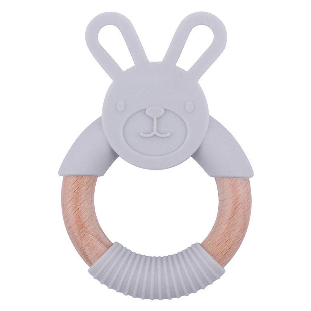 MyKids-USA® Baby Food-Grade Teething Rattle, Teething Aid for Babies, Wooden and Silicone Rabbit Teething Bracelet
