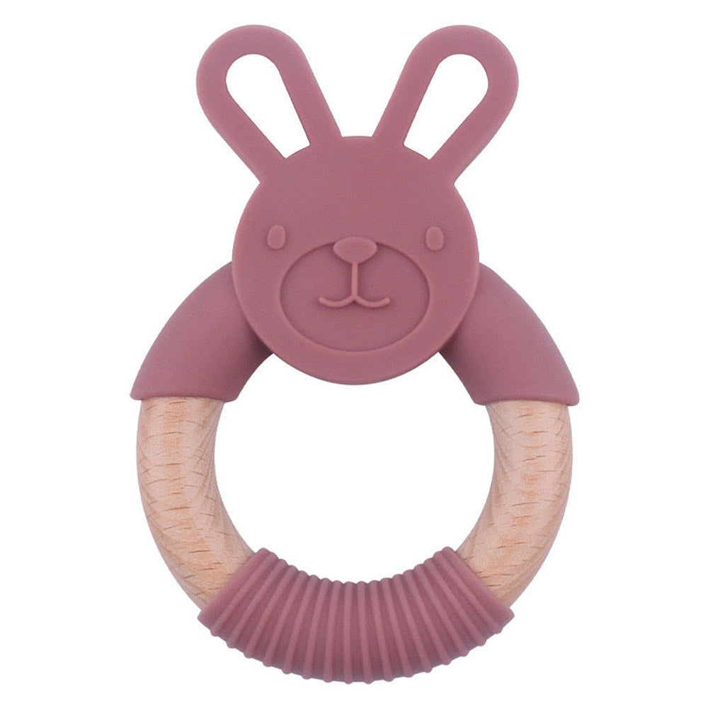 MyKids-USA® Baby Food-Grade Teething Rattle, Teething Aid for Babies, Wooden and Silicone Rabbit Teething Bracelet