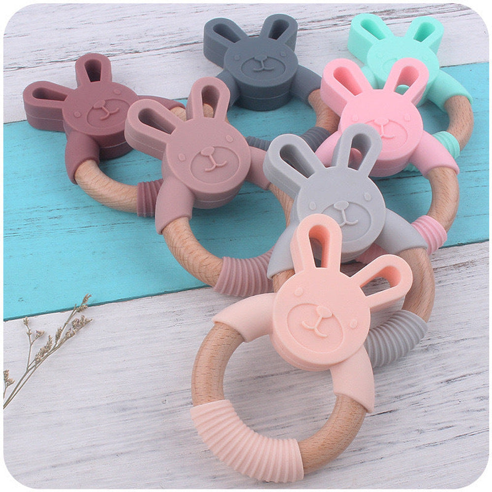 MyKids-USA® Baby Food-Grade Teething Rattle, Teething Aid for Babies, Wooden and Silicone Rabbit Teething Bracelet
