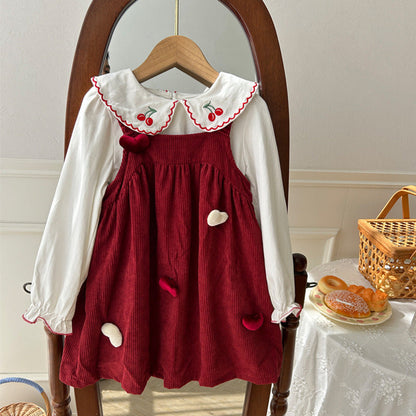 MyKids-USA® Girls Cherry Embroidered Long Sleeves Heart Pattern French Corduroy Dress