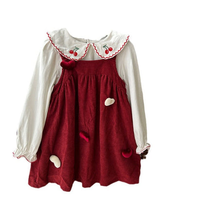 MyKids-USA® Girls Cherry Embroidered Long Sleeves Heart Pattern French Corduroy Dress