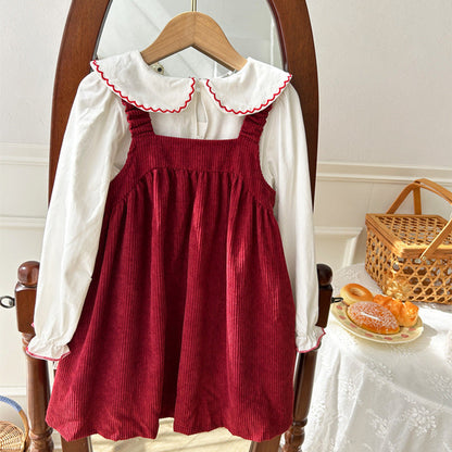 MyKids-USA® Girls Cherry Embroidered Long Sleeves Heart Pattern French Corduroy Dress
