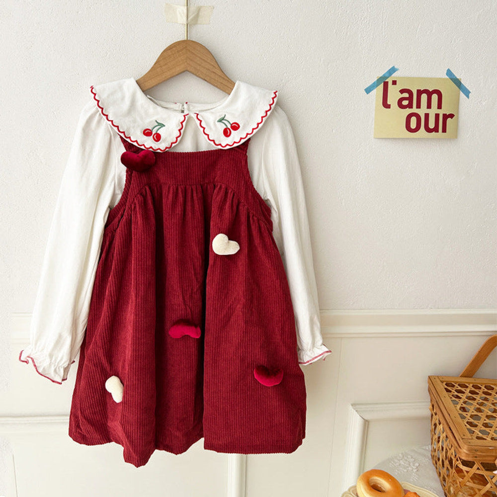 MyKids-USA® Girls Cherry Embroidered Long Sleeves Heart Pattern French Corduroy Dress