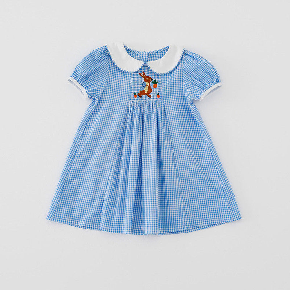 MyKids-USA® Baby Kids Girls Short Sleeves Rabbit Embroidery Plaid Dress