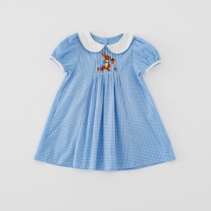 MyKids-USA® Baby Kids Girls Short Sleeves Rabbit Embroidery Plaid Dress