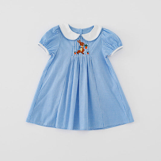 MyKids-USA® Summer Baby Kids Girls Short Sleeves Rabbit Embroidery Plaid Dress