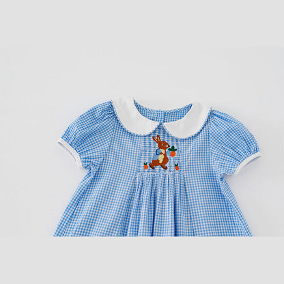 MyKids-USA® Baby Kids Girls Short Sleeves Rabbit Embroidery Plaid Dress